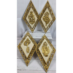 Syroco, Inc., Gold/White Vintage Diamond Wall Plaques, No. #4271, Set of 4, USA